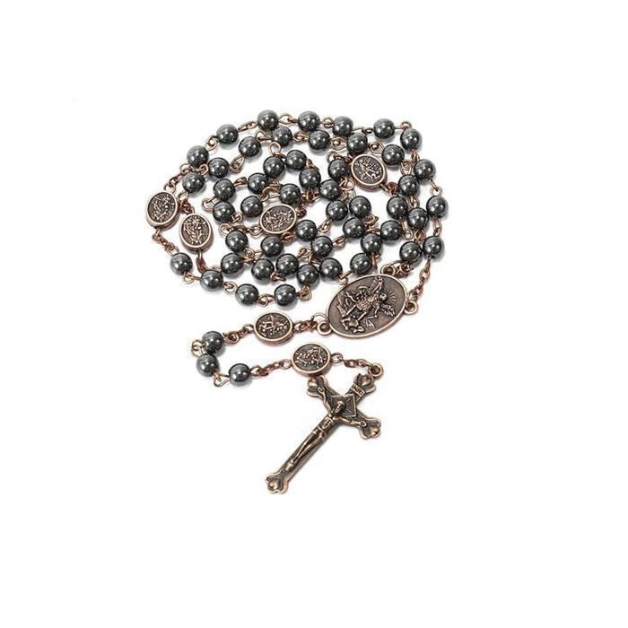 Nazareth Store Chapelet en cuivre avec perles dhématite noire et pendentif Saint Michel Archange coffret métal artisanal homme