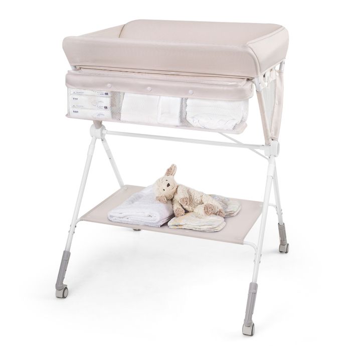 COSTWAY Table à Langer Pliante pour Bébé avec Roulettes Étagère et Panier 3 Hauteur Réglable pour Nouveau-nés 0-1 An Beige