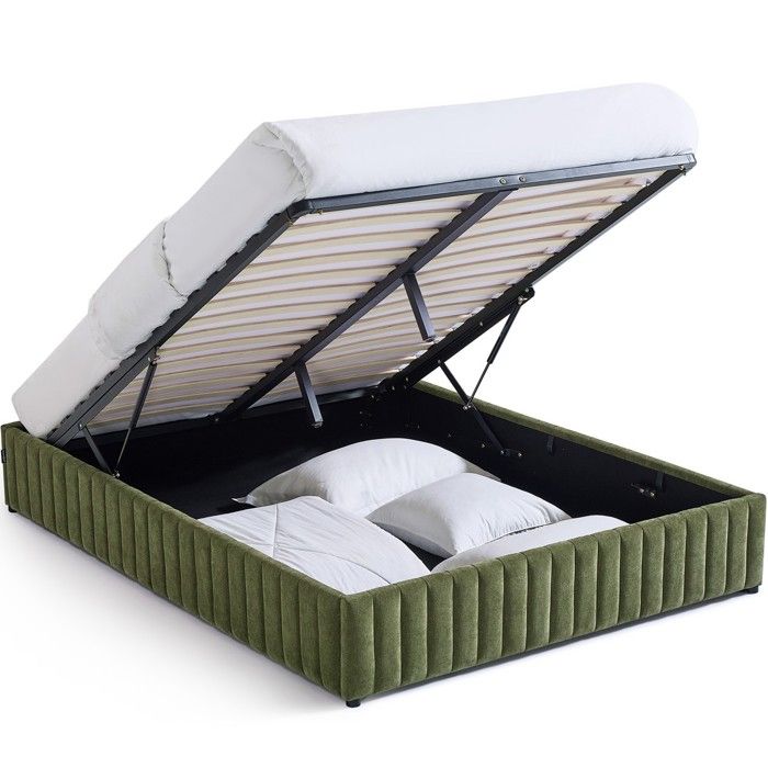 Lit coffre adulte 160x200 cm en tissu chenille vert kaki - Balto