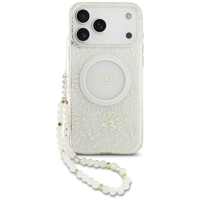 Coque Guess IML Flowers Allover Electroplated MagSafe avec dragonne de perles pour iPhone 17 Pro Max