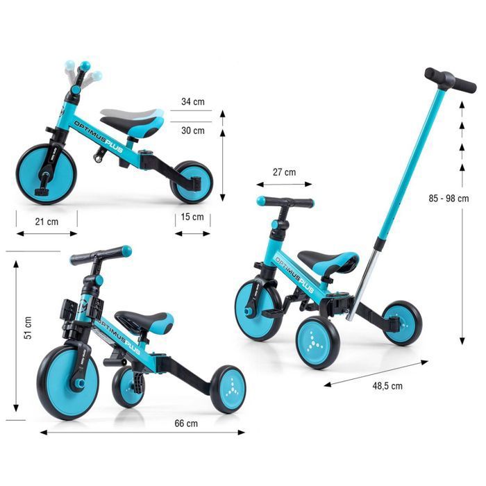 Tricycle 4-en-1 - MILLY MALLY - Optimus Plus - Assise réglable - Poignée parentale réglable - Grandes roues 21/15 cm