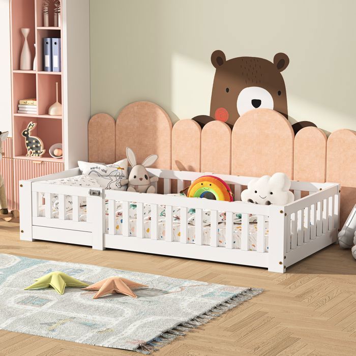 Lit enfant 120x200cm - Lit simple bois avec barrière anti-chute - Sommier à lattes - Lit jeunesse sans matelas