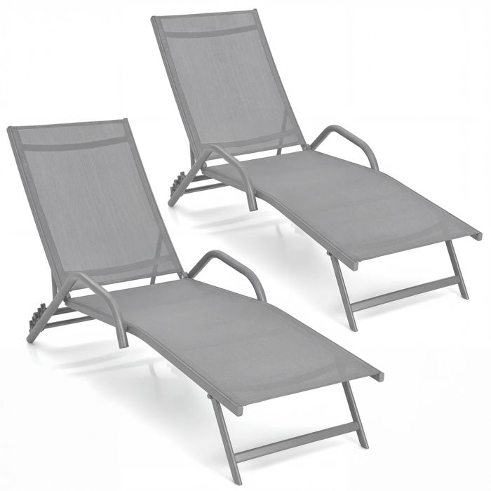 COSTWAY Lot de 2 Bains de Soleil avec Accoudoirs Dossier Réglable à 5 Positions pour Terrasse Piscine Cour Charge 150 kg Gris COSTWAY Lot de 2 Bains de Soleil avec Accoudoirs Dossier Réglable à 5 Positions pour Terrasse Piscine Cour Charge 150 kg Gris
