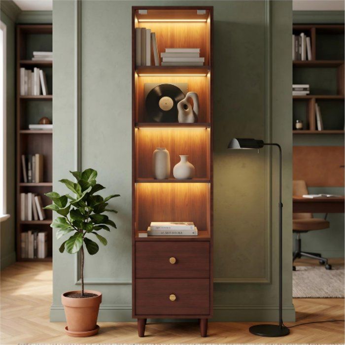 Armoire vitrée avec éclairage LED avec porte vitrée et 2 tiroirs style rétro avec poignées dorées - H 165×L 40×P 35 cm