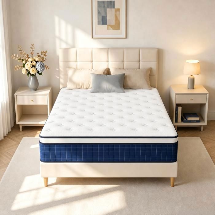 Matelas 90x190 cm Patbrela - épais 26 cm Ressorts Ensachés Mousse à Mémoire de Forme Moyenne Ferme 7 Zones Respirant bleu