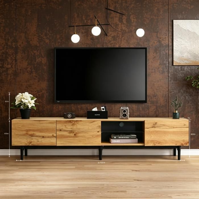 Meuble TV moderne avec veinage du bois éclairages LED variables 175 (L) x 31 (P) x 41 (H) cm ABRI DE JARDIN