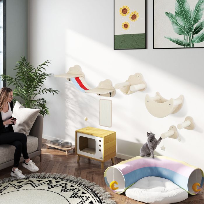 Ensemble mural d’escalade pour chats 6 pièces beige avec hamacs plateformes planche à griffer échelles et étoiles