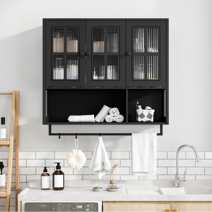 Modenuit armoire murale salle de bain 88 x 26 x 82 5 cm 3 portes avec verre trempé rainuré rangement ouvert noir