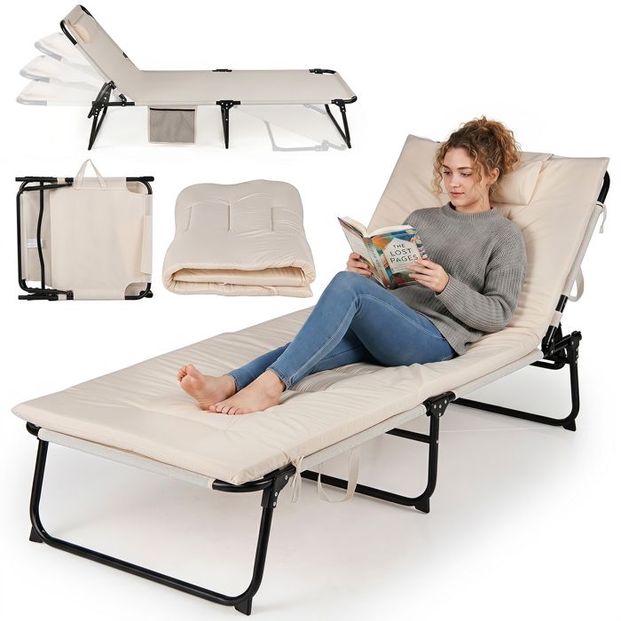 COSTWAY Bain de Soleil Pliable - Dossier à 4 Positions Matelas Épais Amovible Oreiller pour Jardin Bord de Piscine 120 kg Beige COSTWAY Bain de Soleil Pliable - Dossier à 4 Positions Matelas Épais Amovible Oreiller pour Jardin Bord de Piscine 120 kg Beige