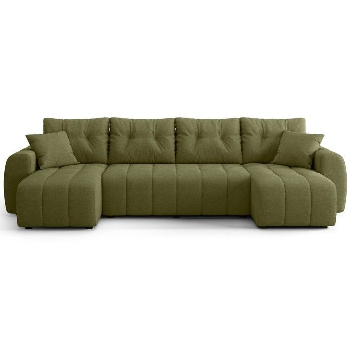 Canapé panoramique convertible 6 places en tissu chenille vert olive - Alba Canapé panoramique convertible 6 places en tissu chenille vert olive - Alba