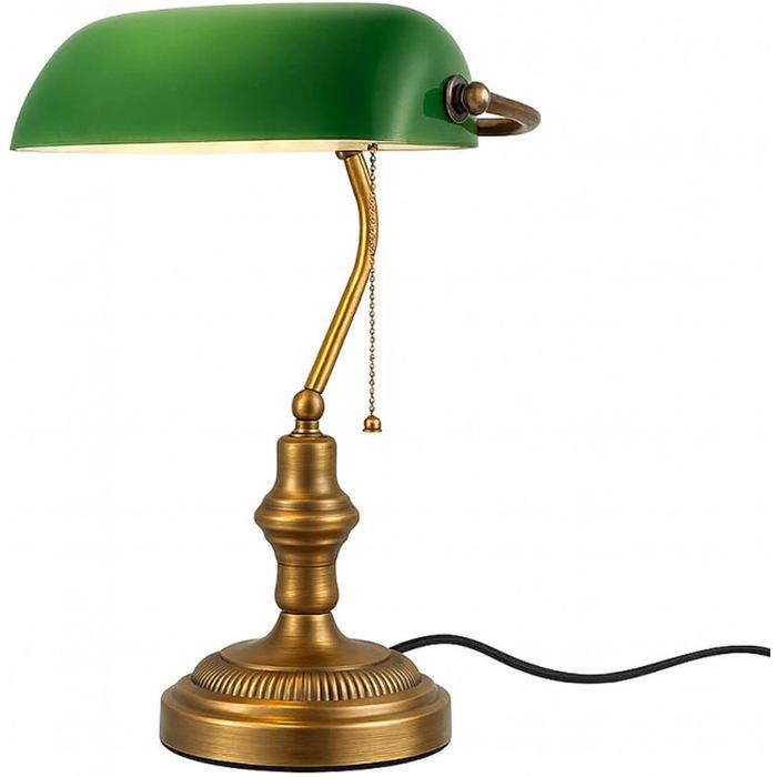 Lampe de bureau LED style banquier abat-jour verre vert socle métal laiton antique pivotante douille E27 éclairage rétro