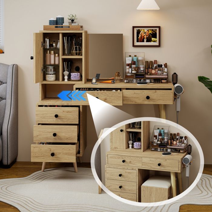 Modenuit Coiffeuse avec miroir escamotable plateau extensible 5 tiroirs placard latéral et tabouret beige