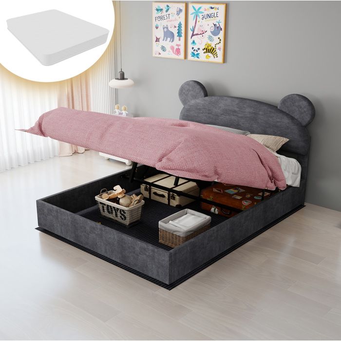 Lit enfant coffre 140 x 200 cm avec matelas inclus velours gris sommier à lattes charge 400 kg ORVRYN