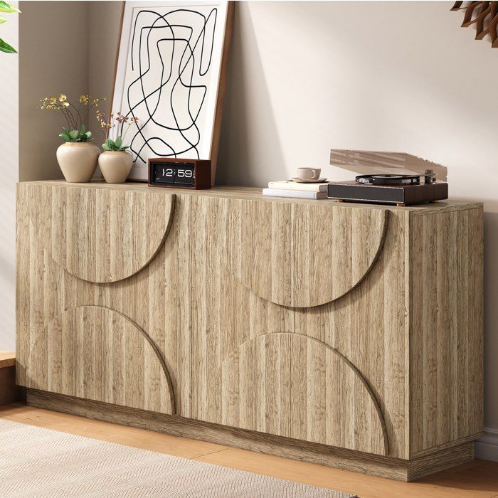 Buffet Bas Bois Naturel 4 Portes Sideboard Scandinave FloraGrace Pour Salon Et Salle A Manger Montage Facile 160x40x80cm
