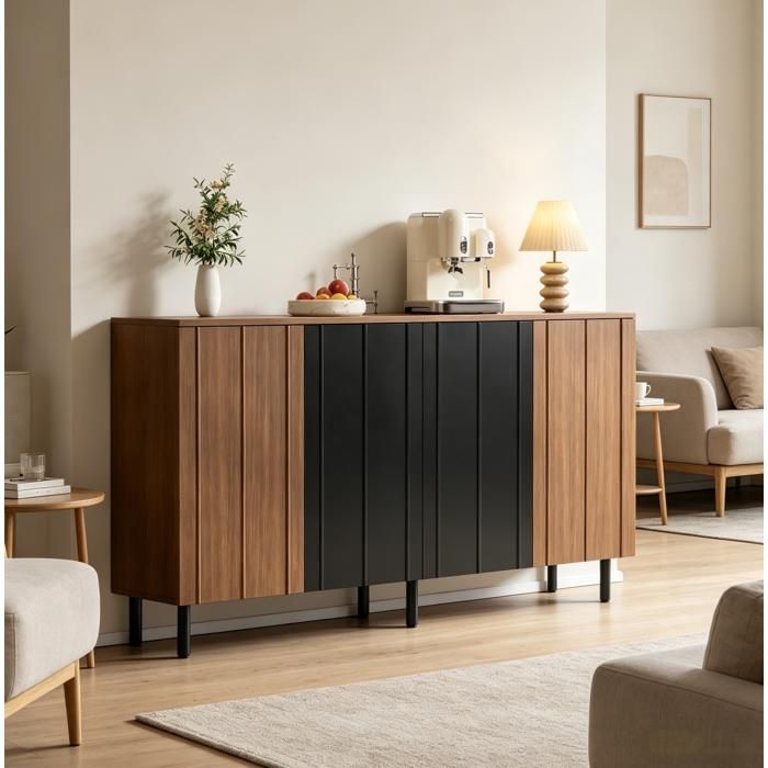 Buffet 4 Portes Noyer Noir Sideboard Moderne FloraGrace Pour Cuisine Rangement Reglable 160x35x80cm