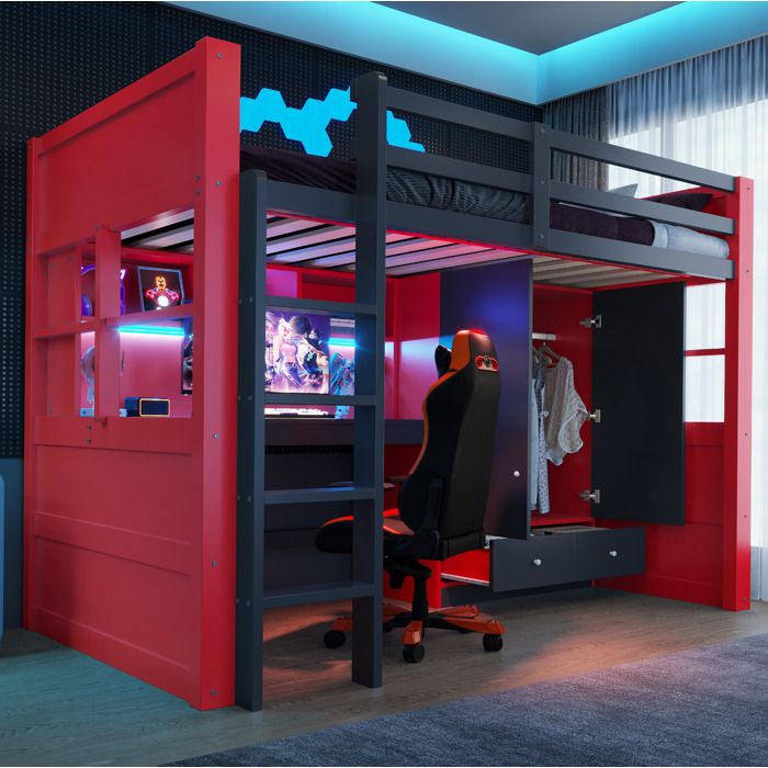 Lit mezzanine 1 place 90×200 cm Bureau Armoire 2 Tiroirs LED et Prises - MIVRAY - Bois Noir Rouge sans matelas