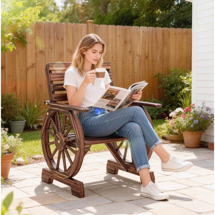 Fauteuil de jardin extérieur style campagne à motif roue de wagon - BEAUNIV - bois massif verni gris