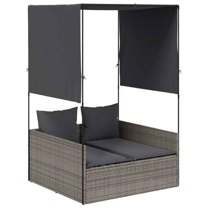 Chaise longue double（2 personnes)- Fauteuil dextérieur - avec toit et rideaux gris résine tressée（118 x 110 x 187 cm） afq27p