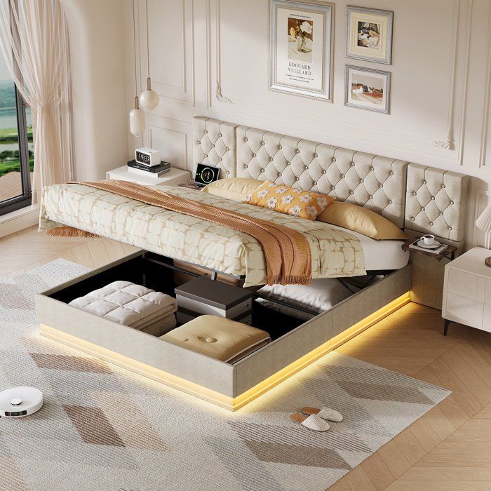 Lit coffre adulte 140×190 cm Capitonné en lin Lit double avec 2 tables de chevet intégrées recharge sans fil USB et LED Beige