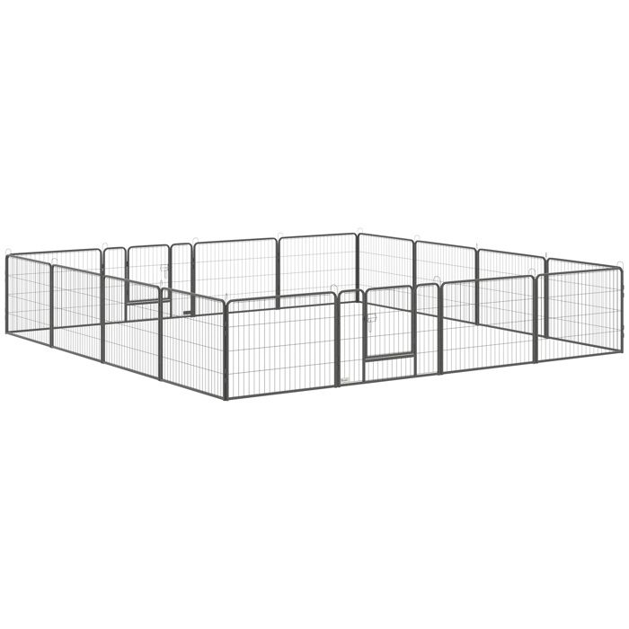 Parc d’exercice pour chiots en acier - 16 segments - Modulable - 2 portes - Utilisable en 2 parcs séparés