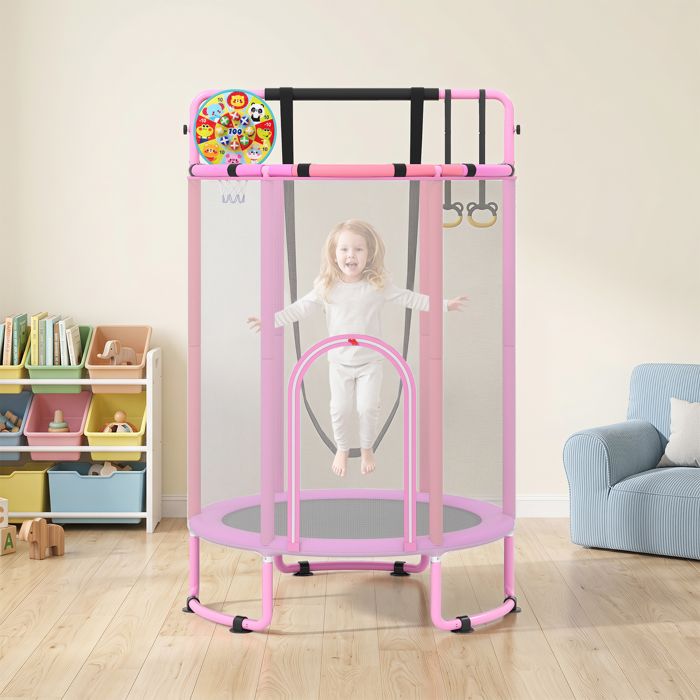 6 en 1 Trampoline pour Enfant-COSTWY-avec Balançoire Barre de Gymnastique Panier de Basket Anneaux 3+ Ans Rose
