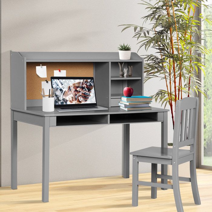 Bureau enfant avec chaise et rangement étagère 3 niveaux et tableau en liège pour étude et dessin