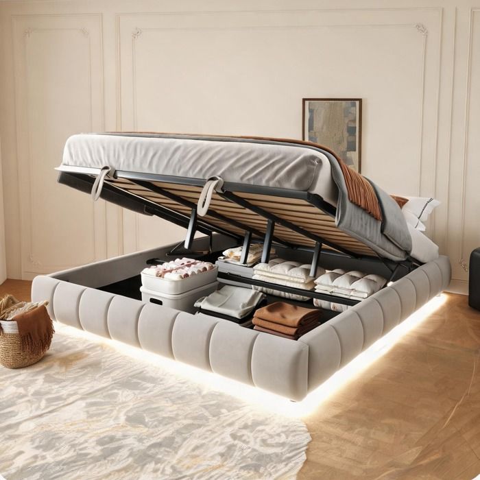 Sommier 180x200 cm beige avec LED et coffre hydraulique charge 300 kg