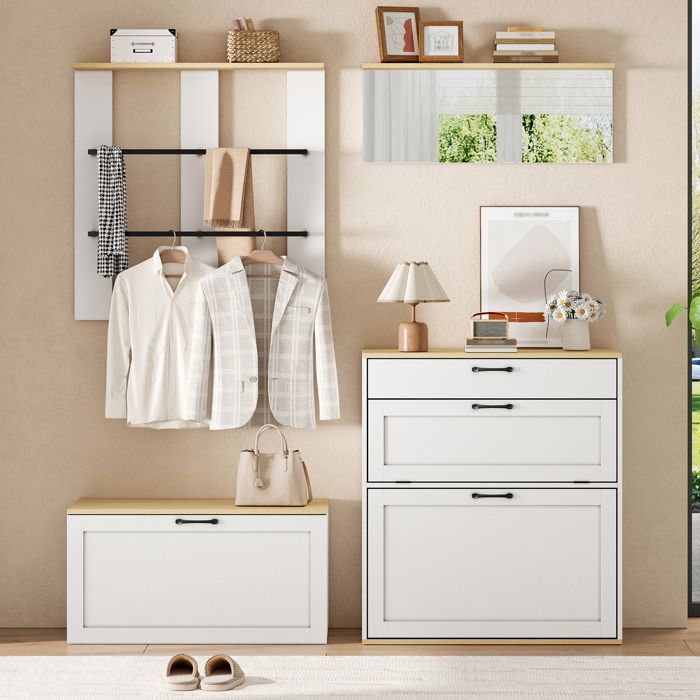 HOMVRA Ensemble vestiaire dentrée 156x36x176 cm avec meuble à chaussures banc miroir et penderie blanc bois