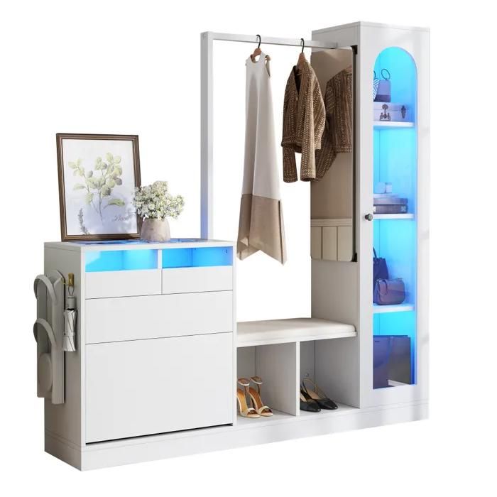 Meuble Entrée 6 en 1 avec LED Vestiaire Coiffeuse Banc à Chaussures Armoire Vitrine Miroir Rangement Multifonction Blanc