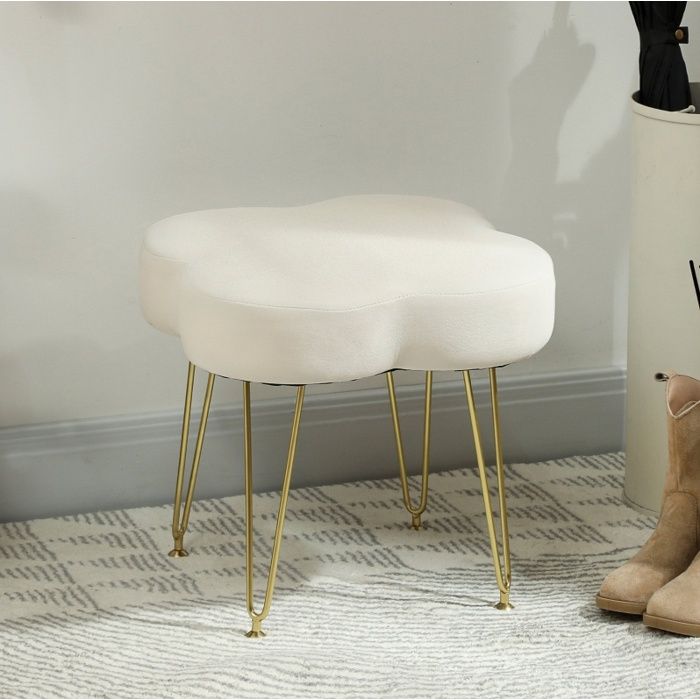 Tabouret pouf - forme trèfle - tissu polyester - pieds métal - blanc - 41 x 41 x 40 cm - 120 kg