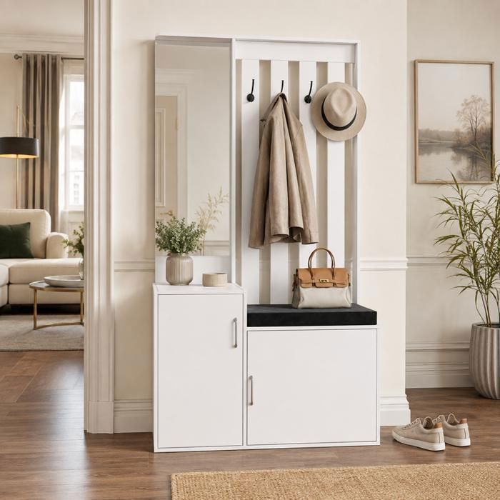 Vestiaire dEntrée 180x100x40 cm Porte-Manteau avec Miroir Banc Rembourré Crochets et Armoire à Chaussures Meuble dentrée Banc