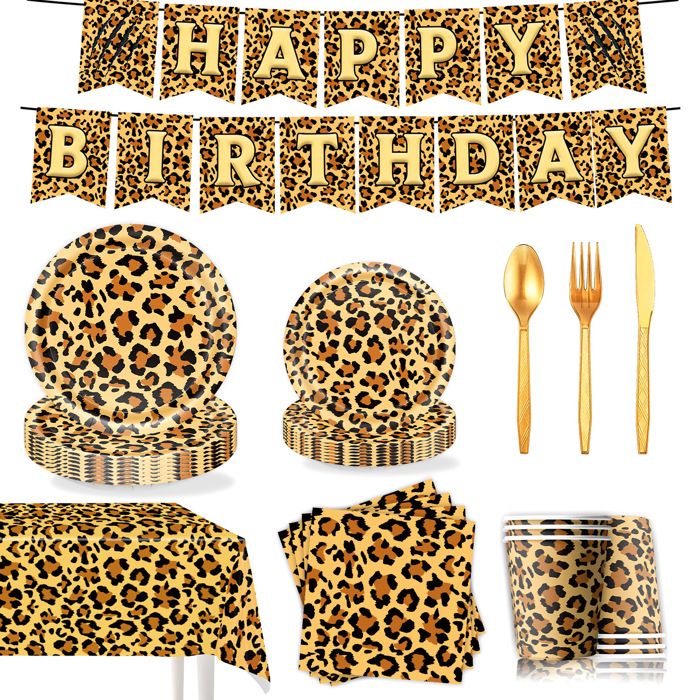 Kit de décoration anniversaire  -  Thème à motif léopard doré - 9 pieces assiettes gobelets serviettes nappe couverts guirlande