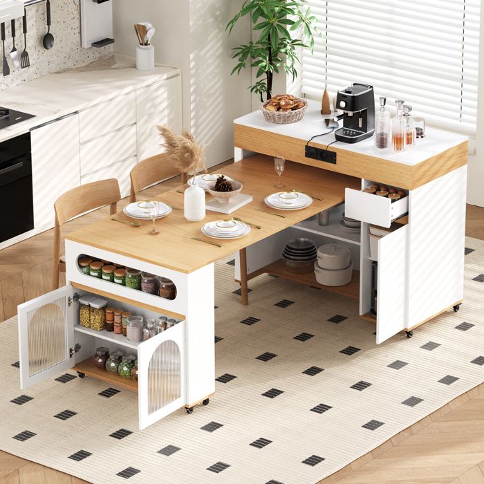 Îlot de cuisine mobile porte verre avec plateau extensible et prises électriques moderne & minimaliste pour cuisine/salon blanc