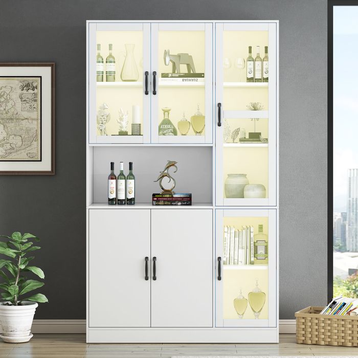 Bibliothèque vitrée avec éclairage LED 120x40x200 cm 9 compartiments portes vitrées alimentation USB salon et bureau MDF Blanc