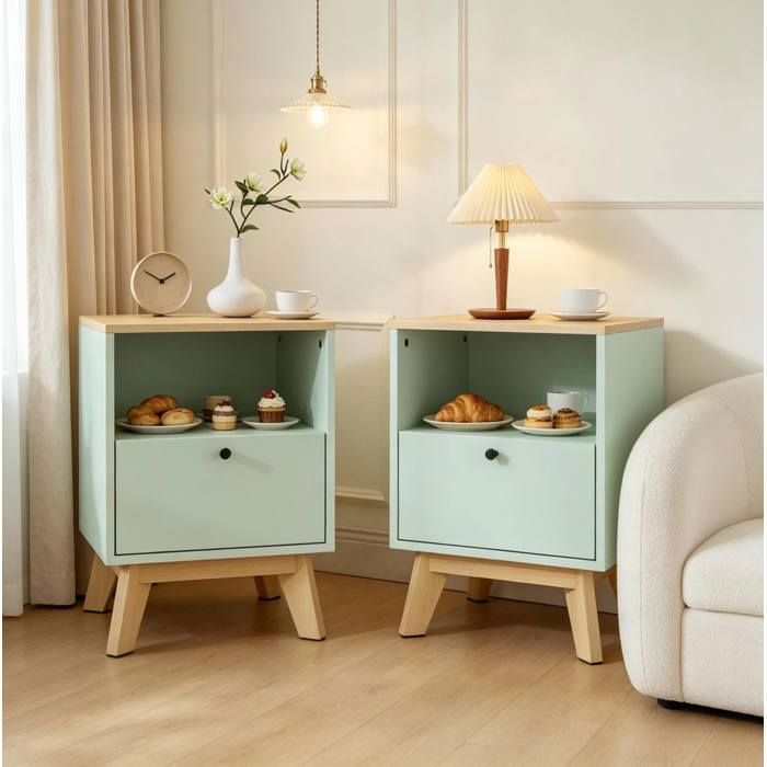 MEUBLIV Lot de 2 tables de chevet avec tiroir et niche ouverte vert clair effet chêne MDF 40 x 40 x 55 cm