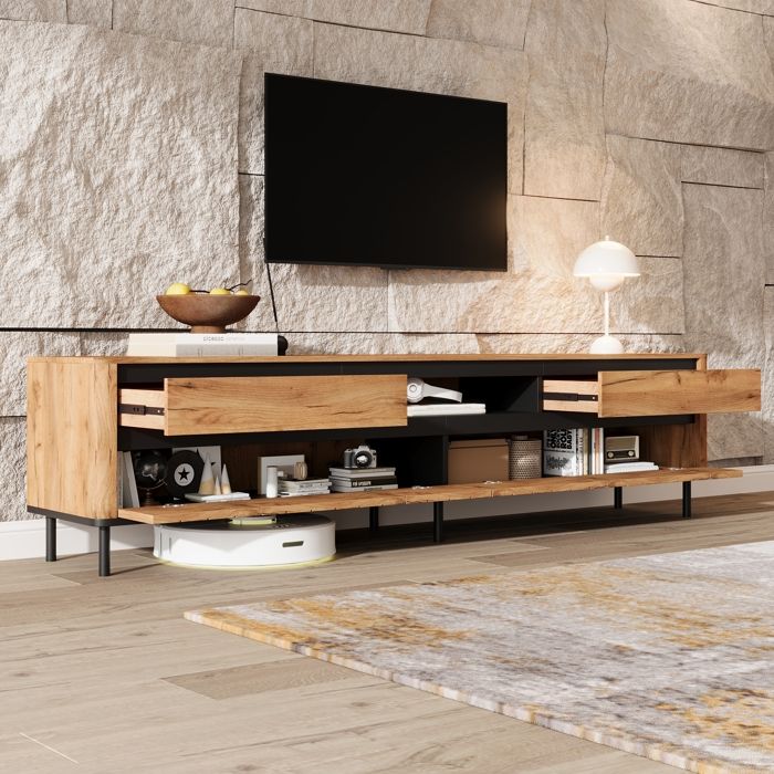 Meuble TV 180 cm - avec 2 Tiroirs et 2 Portes Abattantes - Banc TV Effet Chêne et Noir - pour TV 75 Pouces Meuble TV 180 cm - avec 2 Tiroirs et 2 Portes Abattantes - Banc TV Effet Chêne et Noir - pour TV 75 Pouces