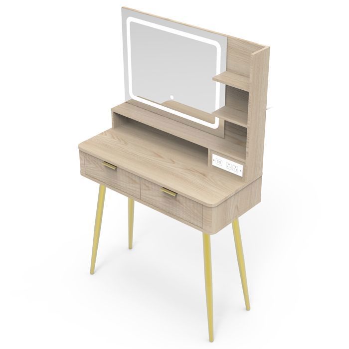 KOIOPLIE Coiffeuse 80 cm couleur bois avec miroir LED 3 modes déclairage 2 tiroirs + étagères prise USB-C intégrée tabouret