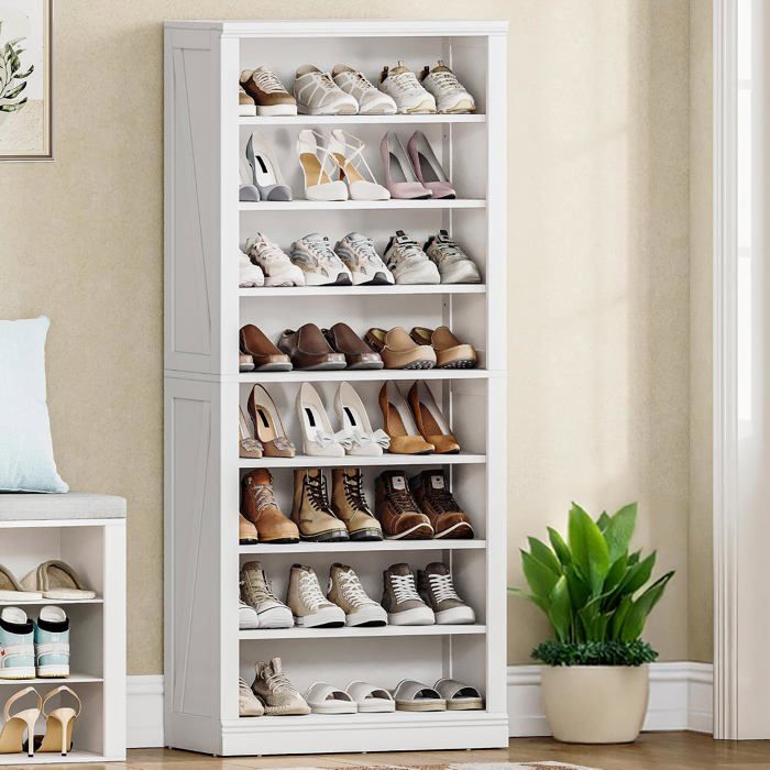 Meuble chaussures 8 niveaux 62 5 cm capacité 21 à 24 paires étagères réglables panneaux particules finition blanc gain de place