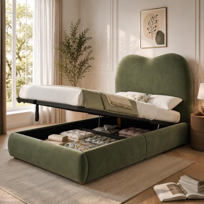 Lit enfant en velours vert 90x200 cm lit simple avec rangement hydraulique et sommier pour chambre d’enfant