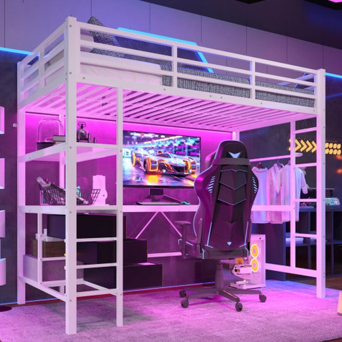 Lit mezzanine 90x200 cm blanc avec bureau led usb 3 tiroirs étagères rambarde et escalier - sans matelas