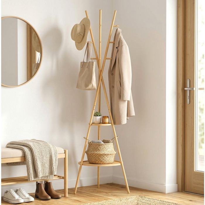 Porte-Manteau sur Pied 9 Crochets 2 Étagères - HAVRYA - pour Entrée en Bambou et MDF Naturel 58 5 × 58 5 × 176 cm