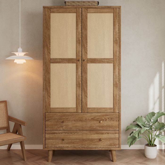 Armoire 80 x 50 x 180 cm bois noyer foncé 2 portes rotin penderie étagères 2 tiroirs chambre et entrée