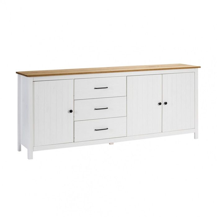 TINA - Buffet Bas 3 Portes 3 Tiroirs Bois Ciré et Blanc