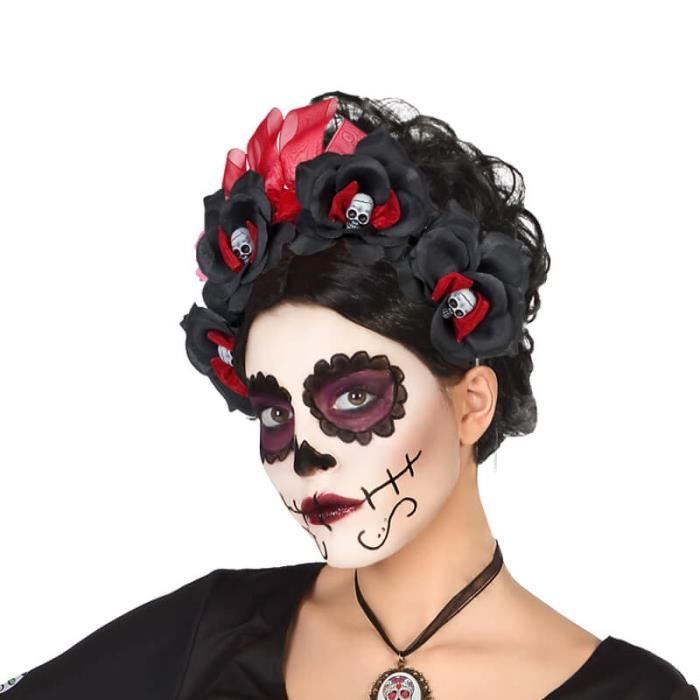 Serre-Tête - ATOSA - Roses Noires et Rouges - Crânes - Déguisement Halloween - Femme