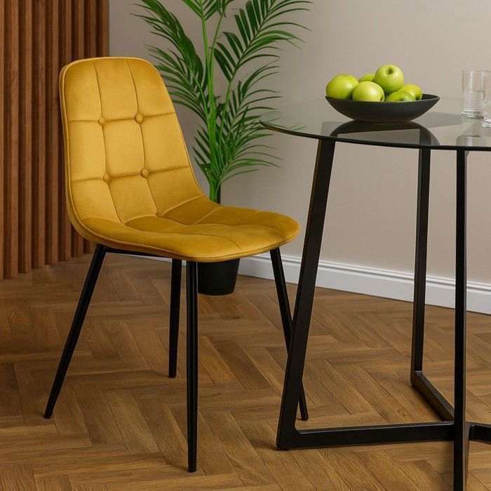 CHAISE DE CUISINE / SALON MOUTARDE AVEC CAPITONNAGE - REVÊTEMENT EN TISSU VELOURS
