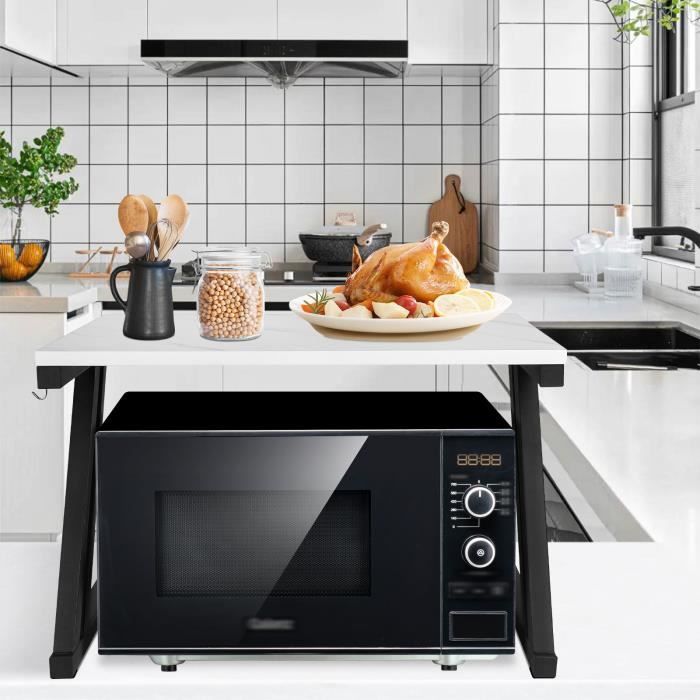TRAYANTE 2 niveaux de rangement multifonctionnel pour micro-ondes étagère de cuisine (Cadre noir + plan en marbre)