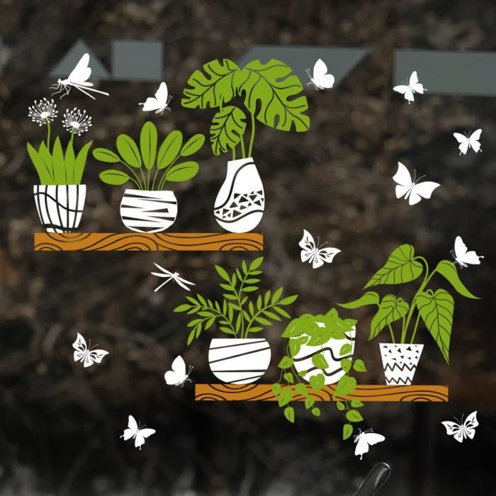 Stickers Muraux Vert planté en pot papillon autocollant en verre