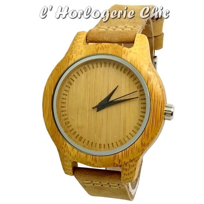 MONTRE UNISEXE BOIS 100% FAIT MAIN VINTAGE CUIR BAMBOU FINE