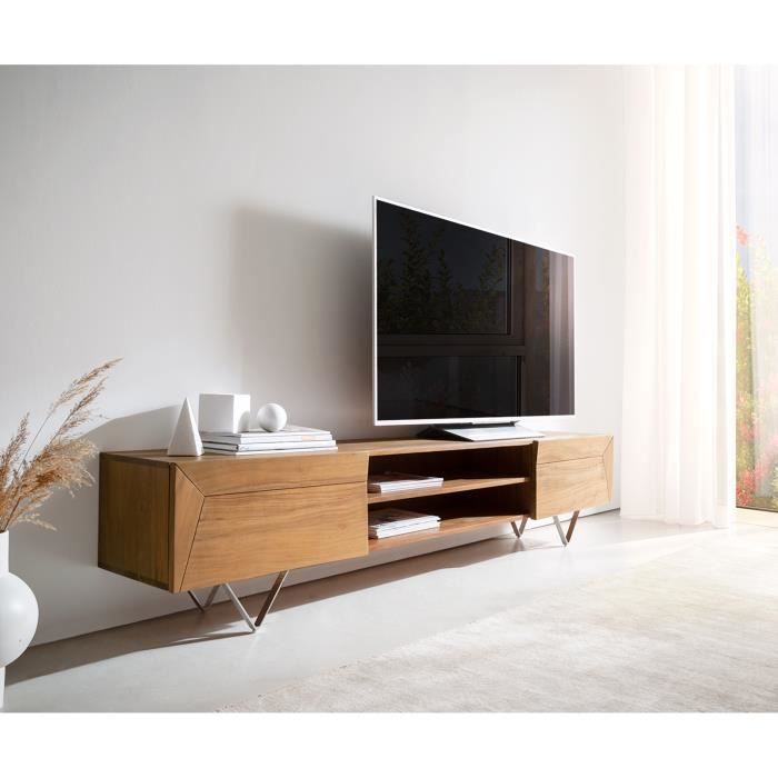 meuble tv - delife - kayu 200 cm - bois massif - 2 portes - acacia naturel