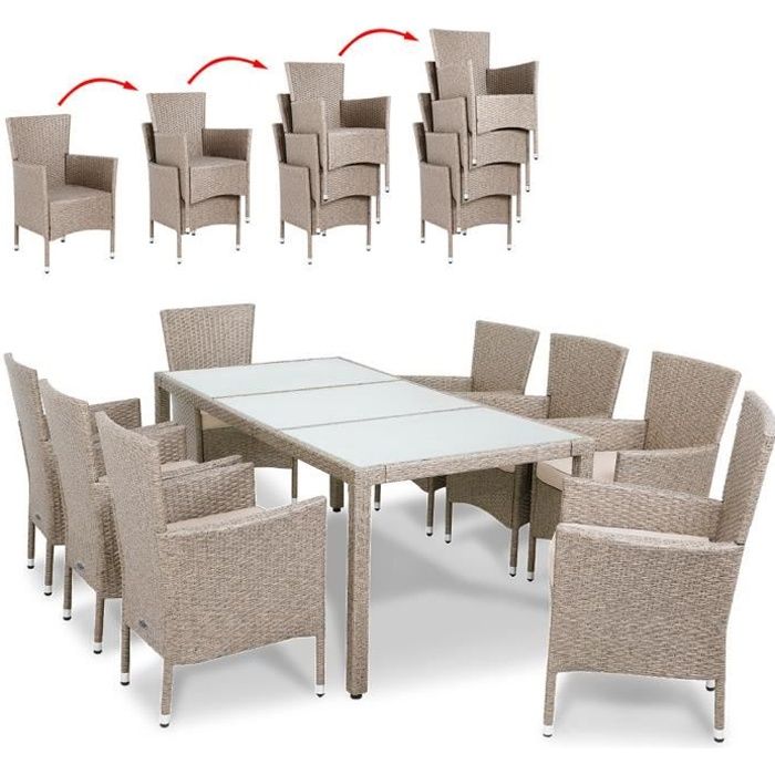 DEUBA Salon de jardin polyrotin 17 pcs avec coussins crème plateau verre dépoli jardin mobilier de jardin